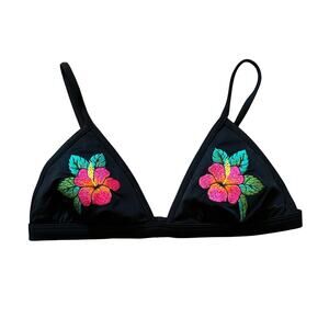 Factorie black pink embroidered hibiscus Hawaiian surf triangle bikini sz small